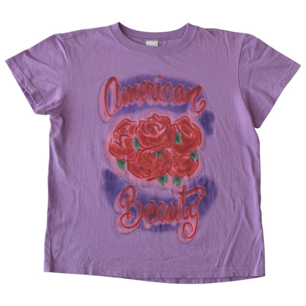 Vintage Airbrushed “American Beauty” Roses Tee – Purple (Youth L/Women M)